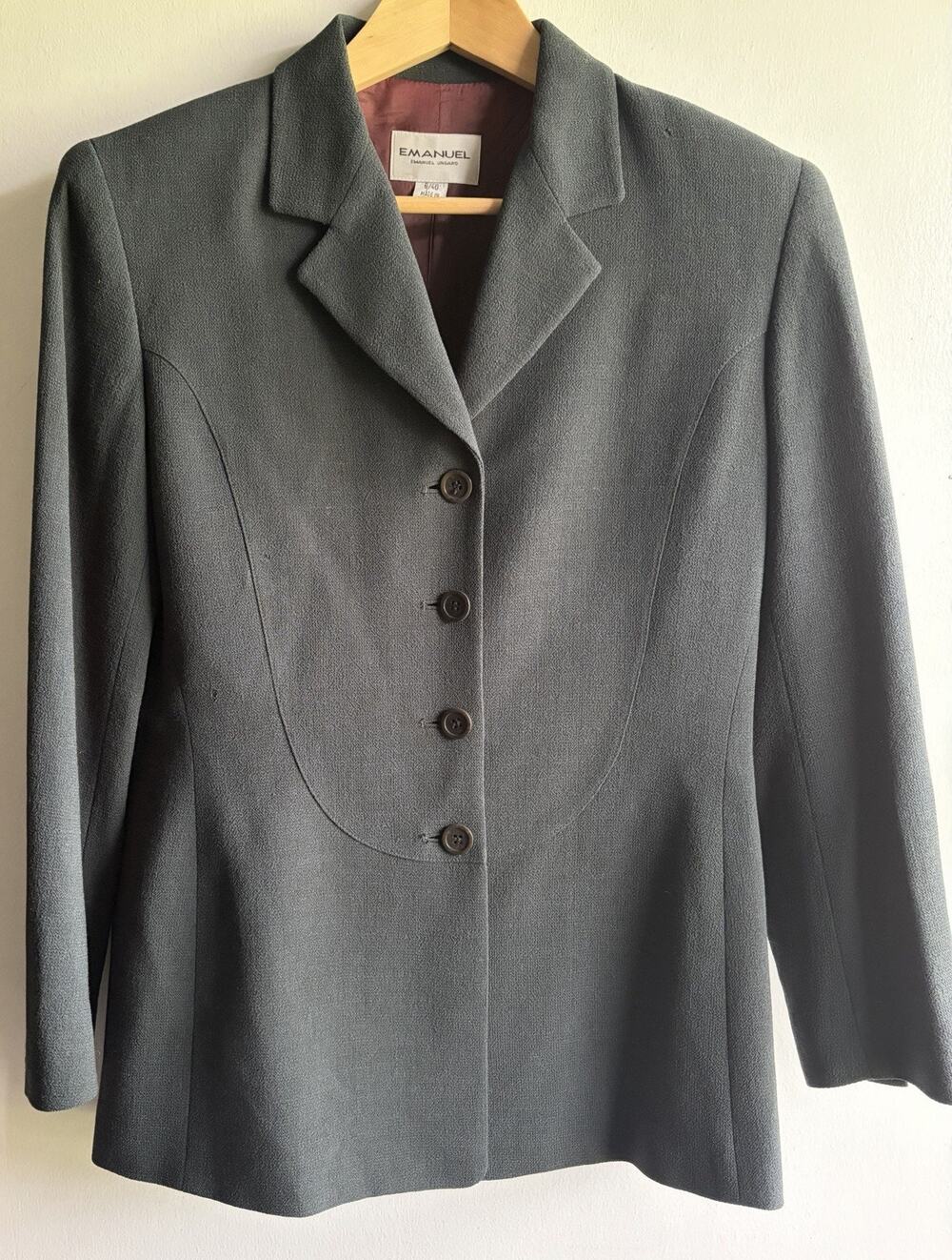 Emanuel Ungaro Vintage 100% Wool Crepe Blazer Jacket Size 6 Charcoal Black 90s